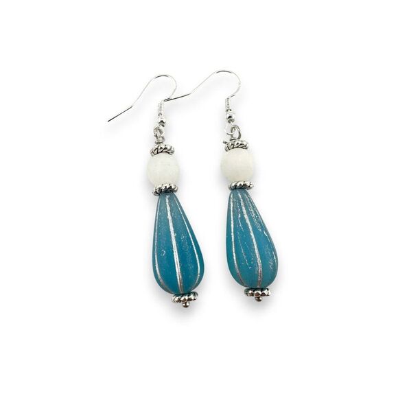 Blue Melon Teardrop & White Jade Earrings Czech Glass 925 Sterling Silver - Picture 3 of 10